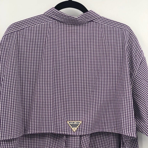 Columbia PFG Button Down Polo Shirt Short Sleeve Gigham Plaid Purple White Large - Picture 6 of 11